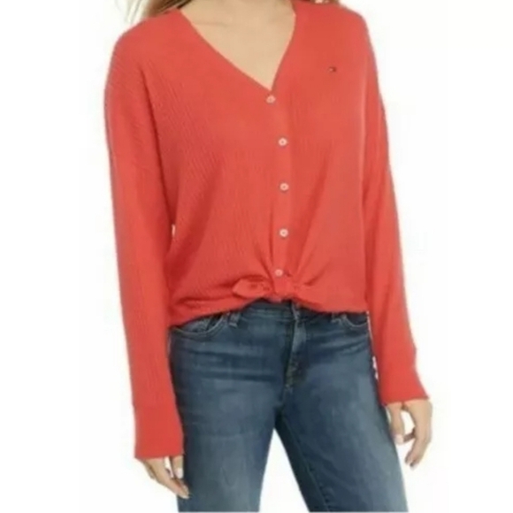 Tommy Hilfiger Women's Tie Front Waffle Cardigan Sweater Size Small - Picture 1 of 9